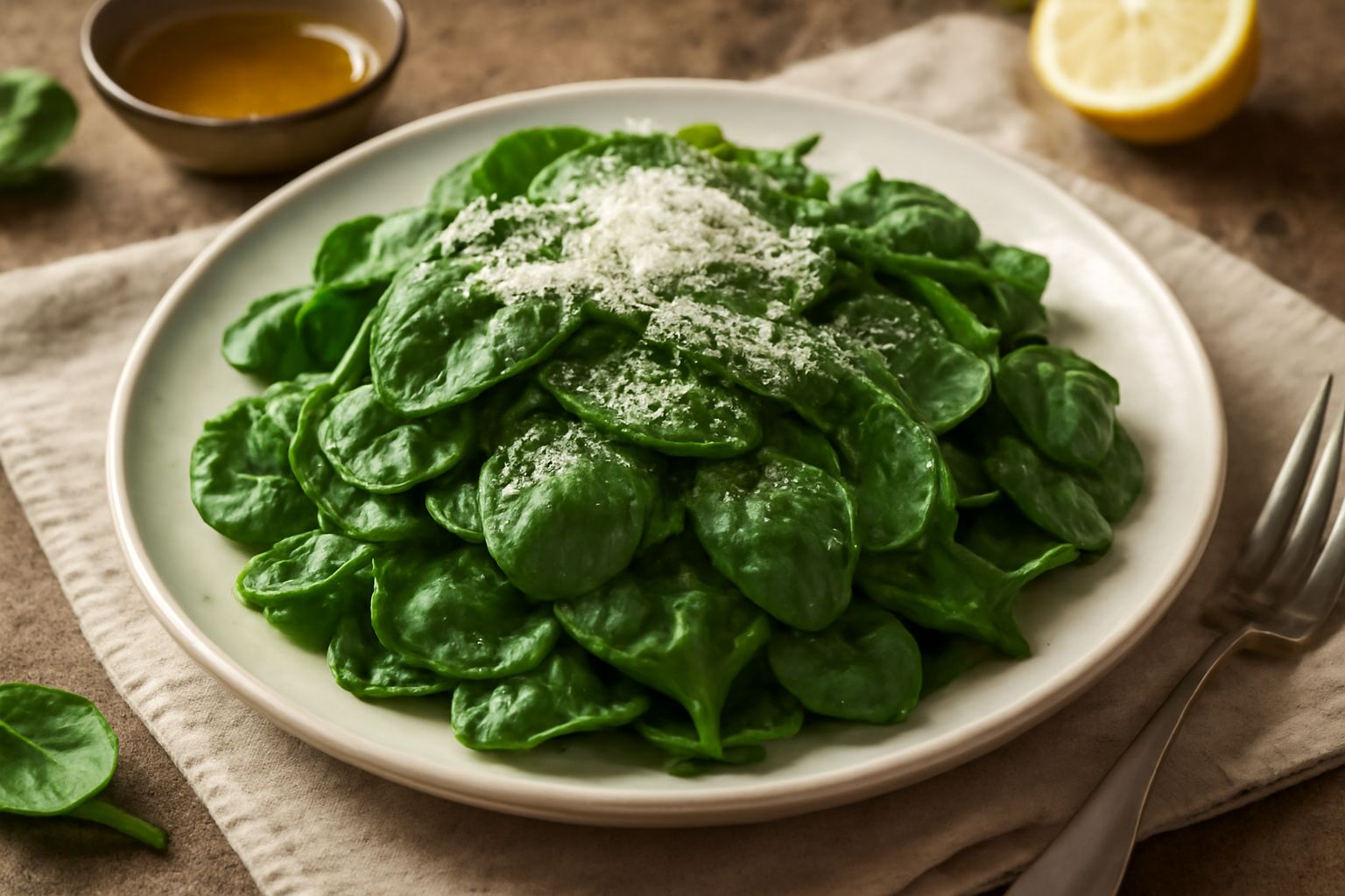 Insalata di spinaci freschi crudi in una ciotola di ceramica bianca, condita con olio e limone, accompagnata da scaglie di parmigiano e semi di girasole, su un tavolo di legno naturale