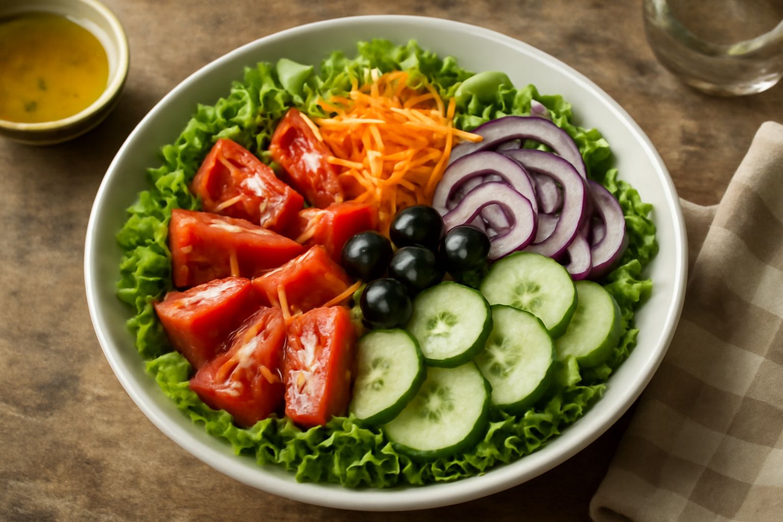 Insalata colorata in una ciotola bianca con lattuga verde, pomodori rossi tagliati, cetrioli verdi a fette, carote arancioni grattugiate, cipolla rossa e olive nere, condita con olio e limone, con bas