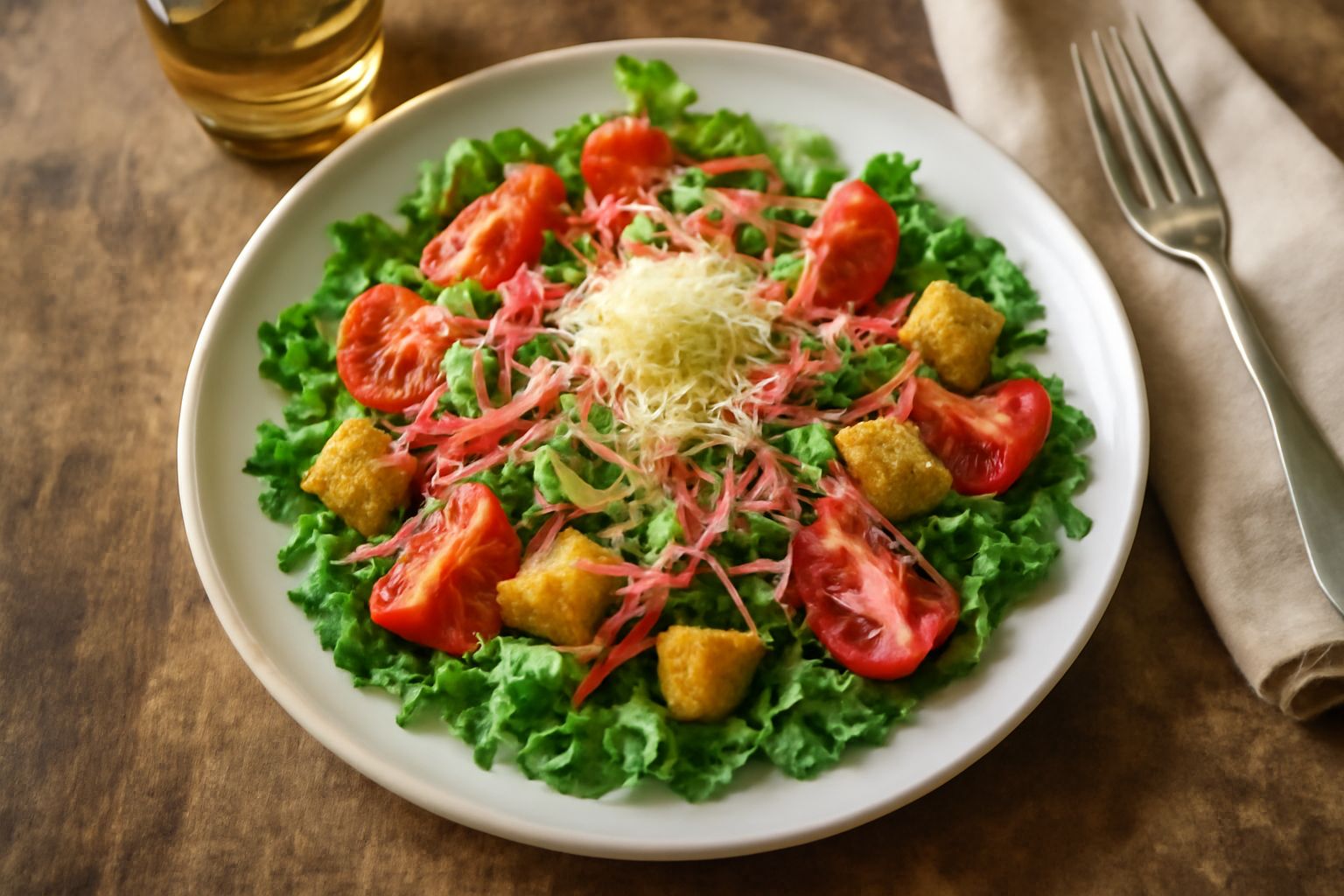 Insalata trentina servita in un piatto bianco: foglie di lattuga croccante verde scuro, pomodori rossi a fette, formaggio grattugiato bianco, strisce di speck rosato, cubetti di pane tostato dorato, o