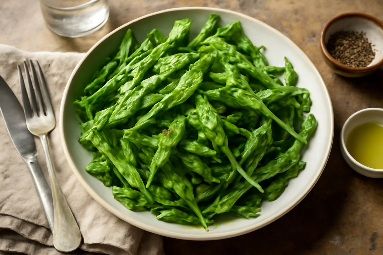 Insalata di acetosa fresca in ciotola bianca, foglie verde brillante leggermente arricciate, condite con olio d'oliva e sale, con gocce di limone visibili