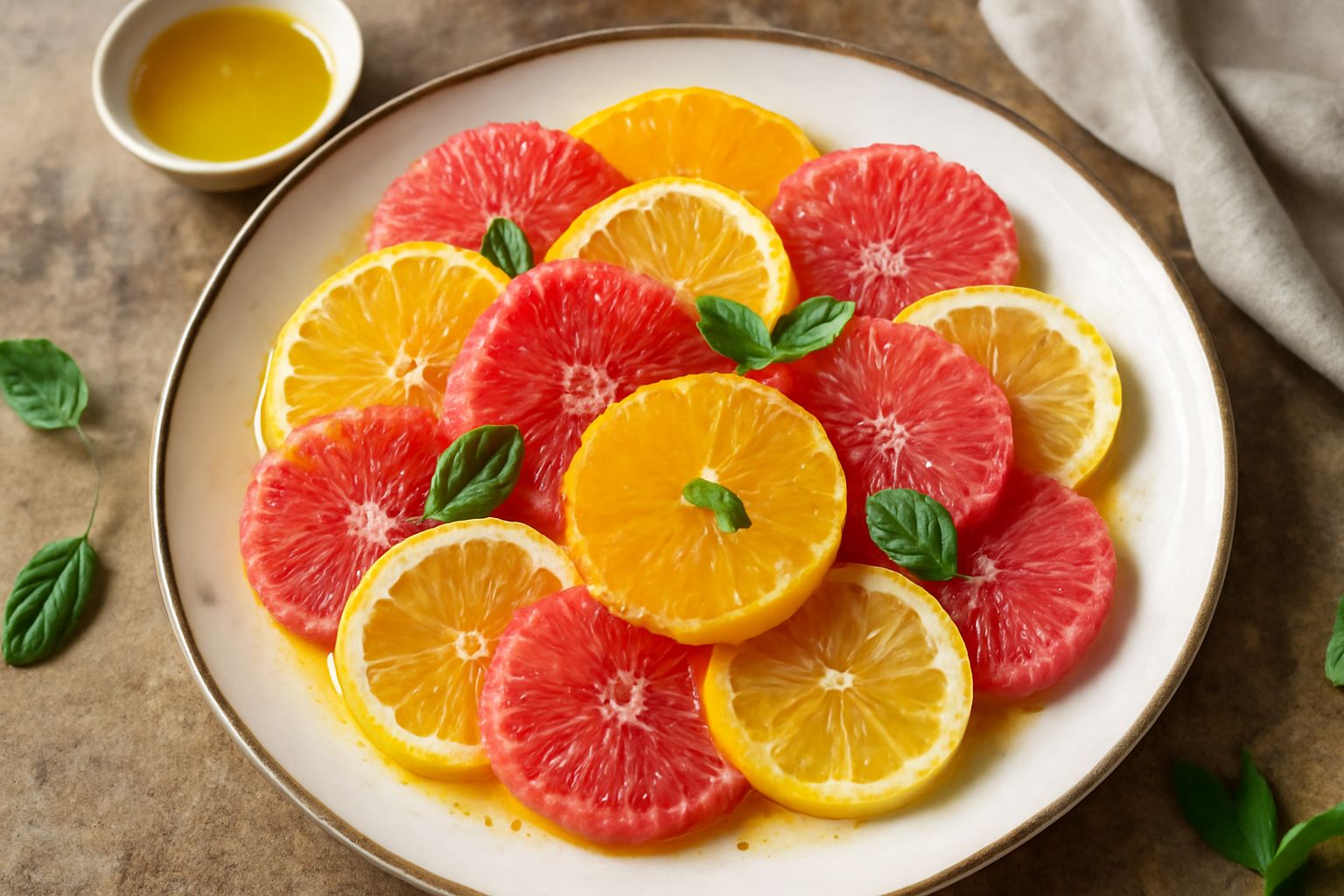 Piatto bianco con insalata di fette di arancia, pompelmo rosa e limone giallo, condite con olio dorato e foglie di menta fresca, su tavolo di legno chiaro