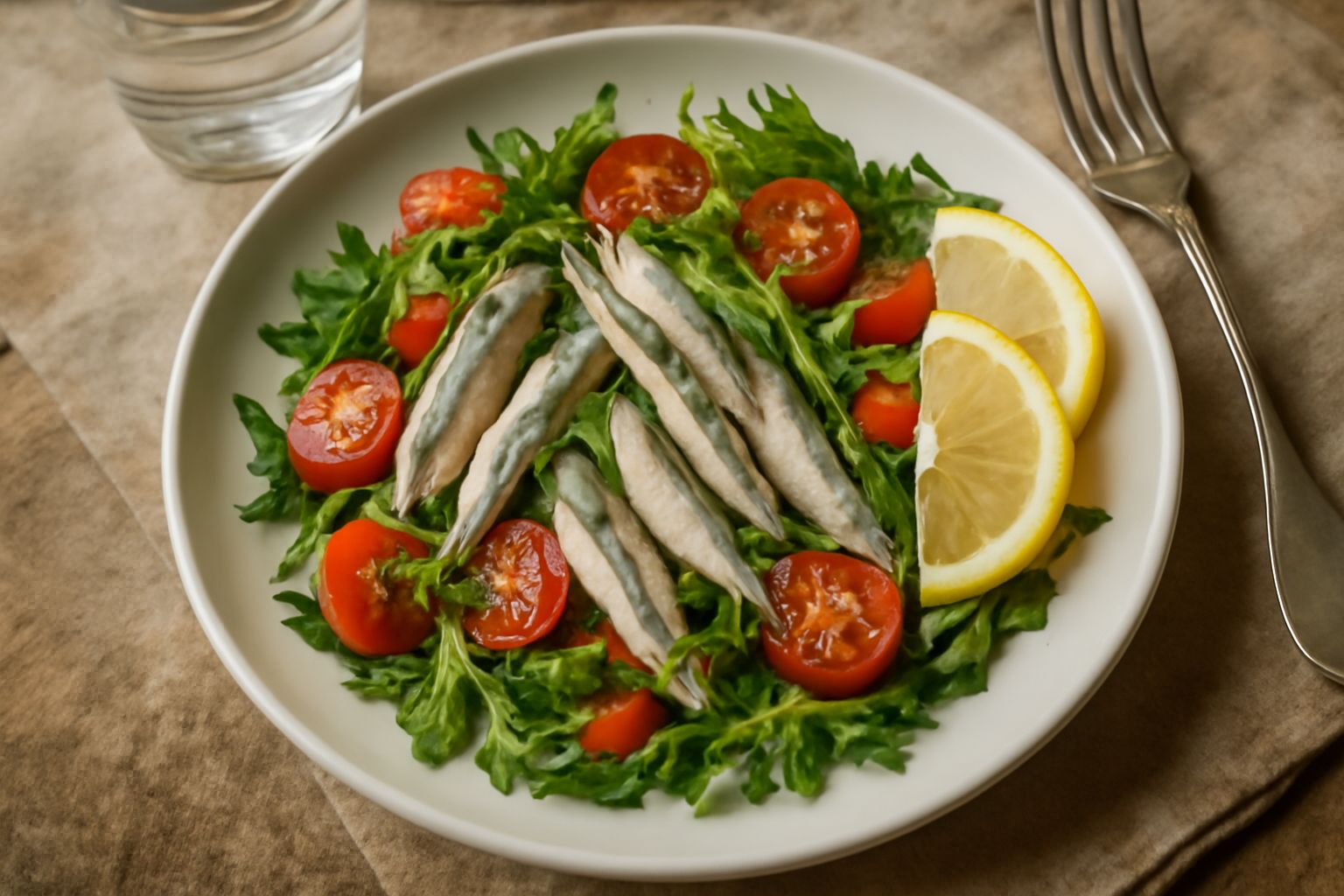 Insalata di alici in piatto bianco con filetti argentei disposti ordinatamente, limone affettato, rucola fresca verde scuro, pomodorini rossi e cipolla bianca in fette sottili, condita con olio giallo