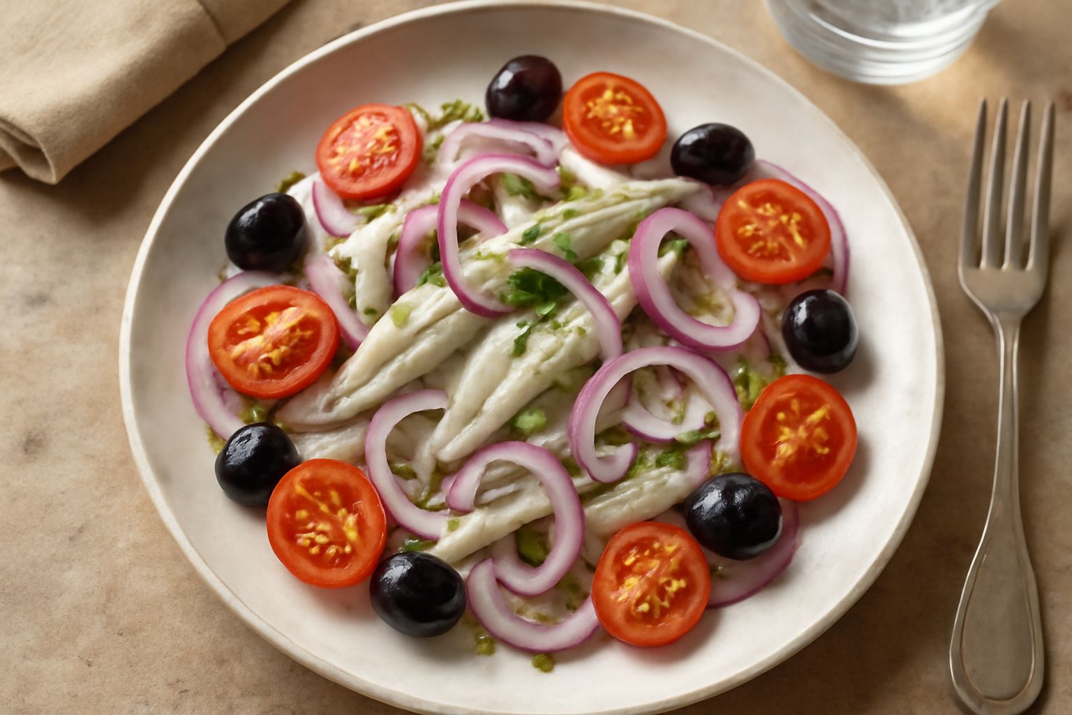 Piatto bianco con insalata di alici trasparenti e argentee, fettine di cipolla rossa, pomodorini rossi, olive nere, rucola verde e prezzemolo, condita con olio e limone