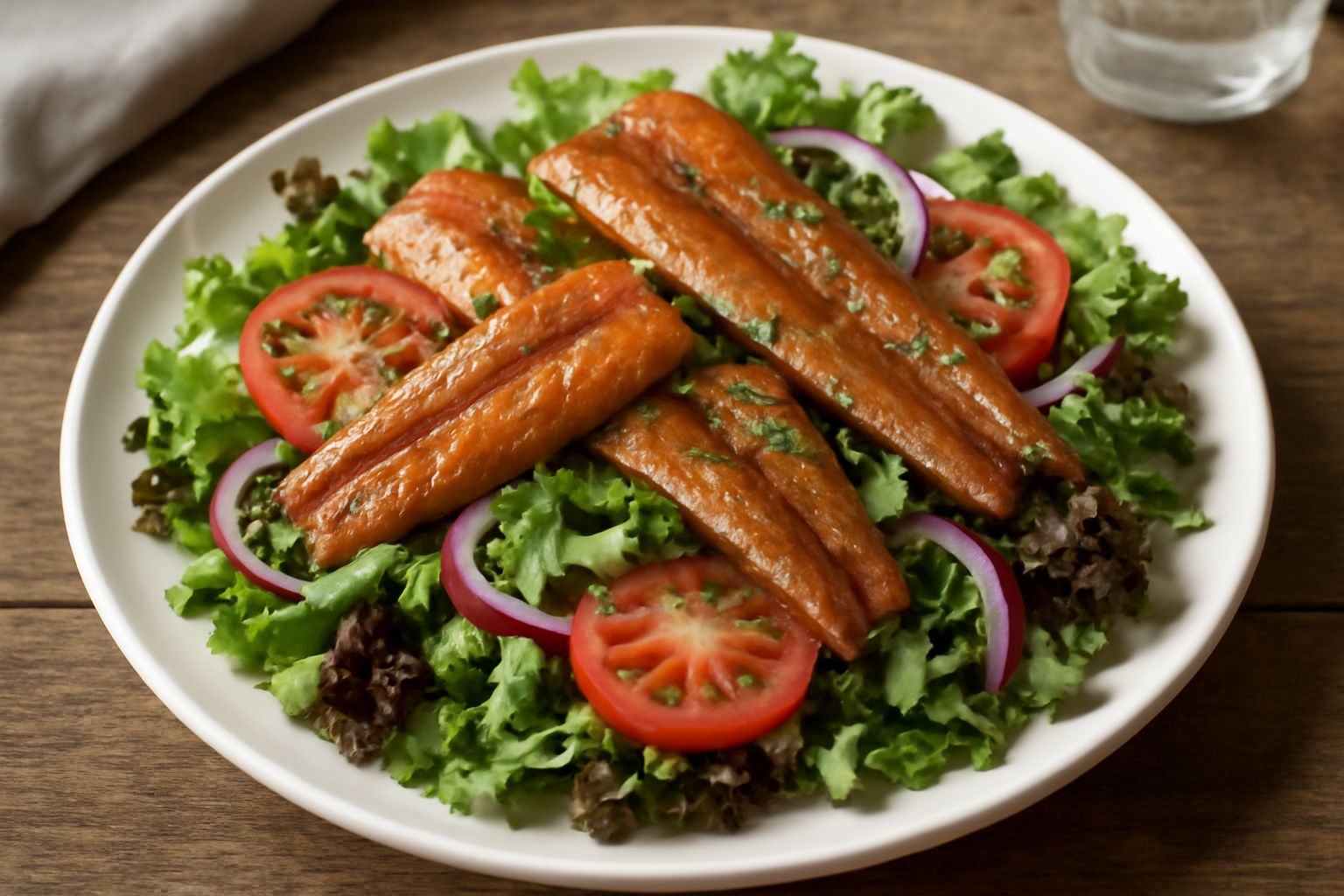 Insalata in piatto bianco con filetti di anguilla affumicata dorata, lattuga verde e rossa croccante, pomodori rossi a fette, cetriolo, cipolla rossa sottile e limone fresco, condimento brillante, su 