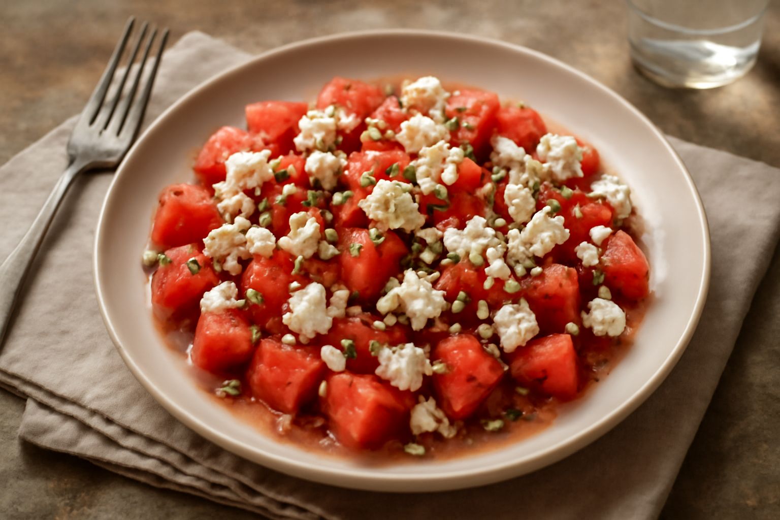 Insalata di anguria servita in una ciotola bianca con cubetti di polpa rossa brillante, feta bianca in sbriciolini, foglie verdi di menta fresca e riflessi del succo d'anguria sul fondo, con un limone