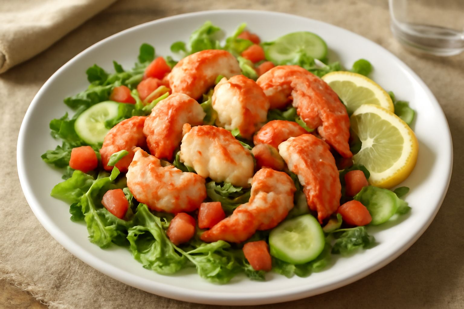 Insalata di aragosta in piatto bianco: pezzi di carne rosa e bianca di aragosta disposti su letto di rucola e lattuga verde, con dadi di pomodoro rosso, fette sottili di limone giallo e gocce di olio 