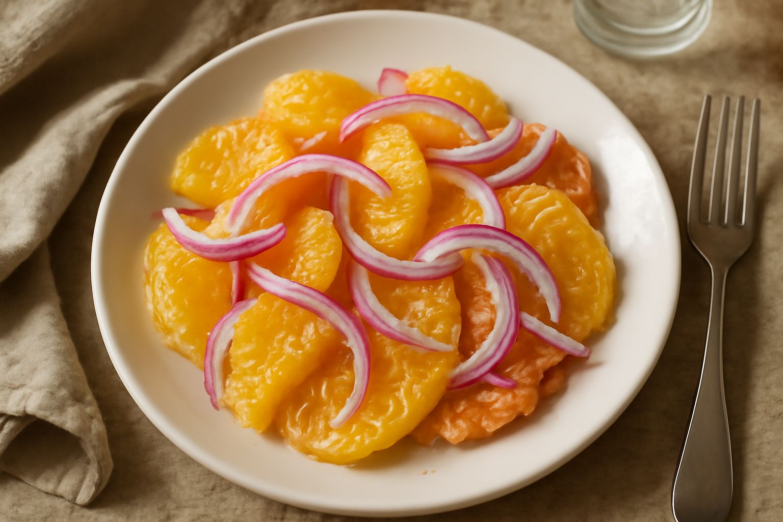 Insalata in ciotola bianca con spicchi d'arancia arancione brillante, fette di cipolla rossa trasparenti, olio che luccica, servita su tavolo di legno chiaro con luce naturale