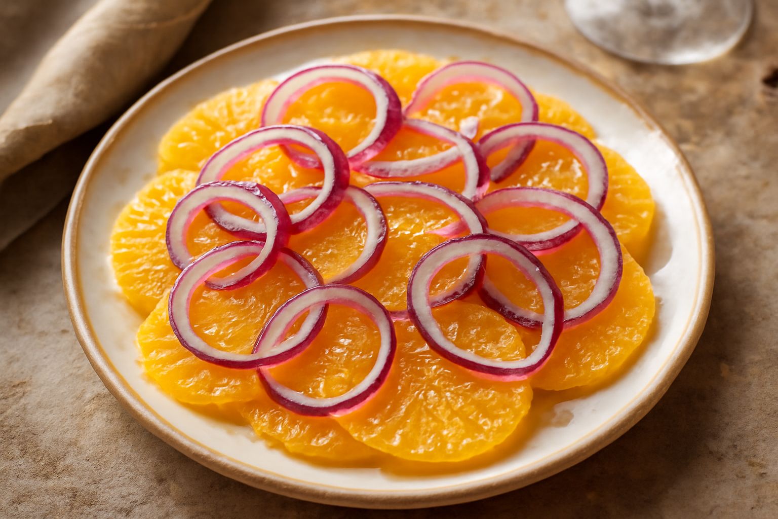 Insalata di arance e cipolla rossa servita in piatto bianco: spicchi d'arancia translucidi disposti a raggiera, fettine sottili di cipolla rossa viola, conditi con olio dorato, contornati da foglie ve