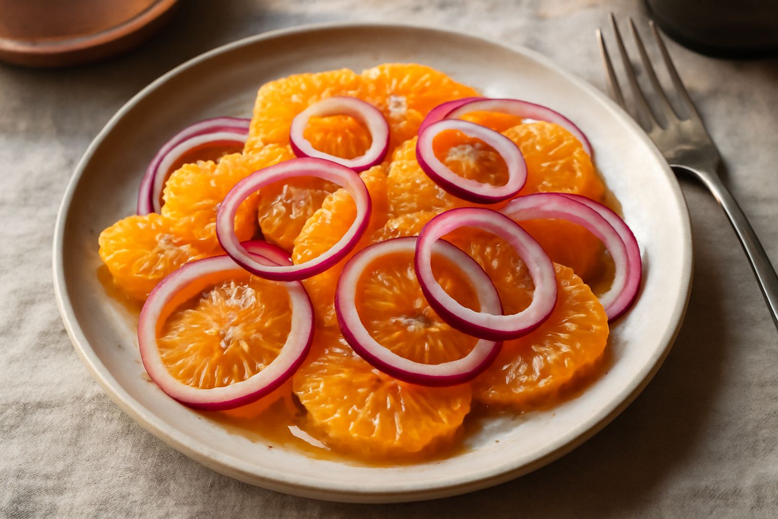 Insalata di arance sbucciate e cipolle rosse thinly sliced in una ciotola bianca, con spicchi d'arancia arancione brillante e fette di cipolla rosso scuro, spolverata di sale marino grosso e fili di o