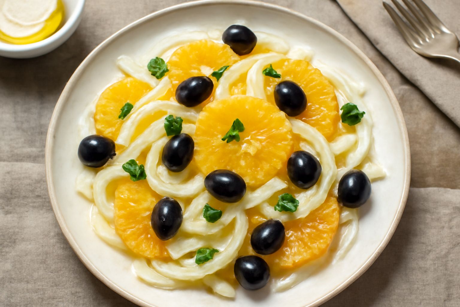 Insalata su piatto bianco con fette d'arancia arancione brillante, finocchio bianco tagliato sottile, olive nere lucide sparse e qualche foglia verde di finocchio, condita con olio d'oliva dorato che 
