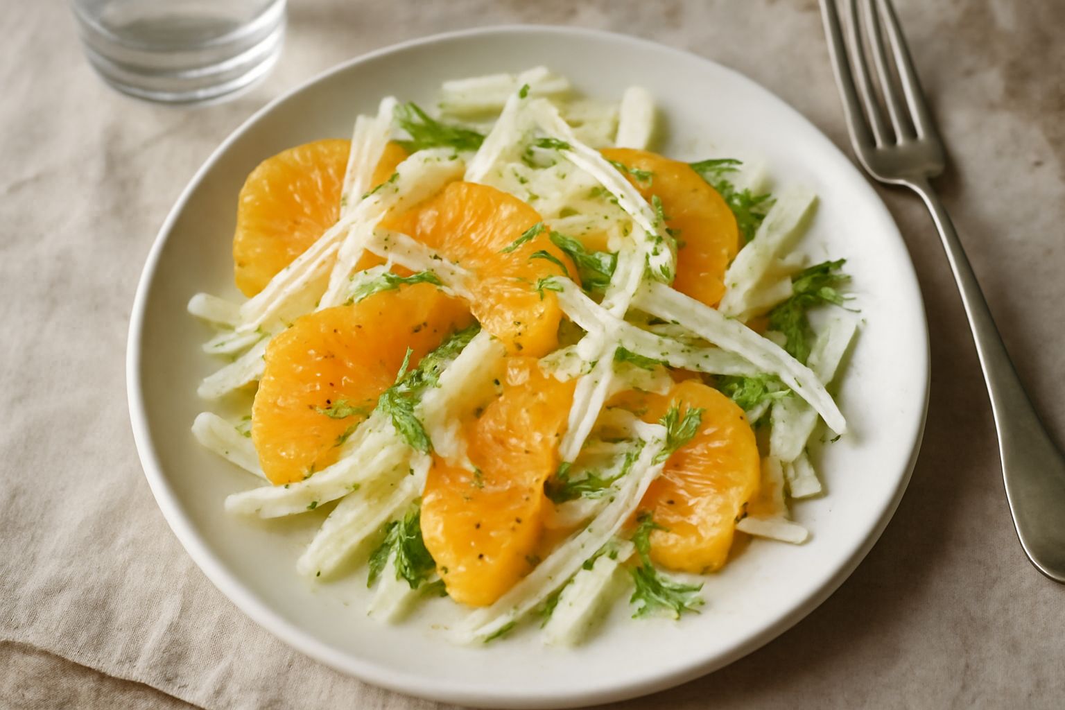 Piatto bianco con insalata di arance tagliate a spicchi e sottili fette di finocchietto fresco, conditi con olio extravergine dorato e sale grosso, su fondo neutro