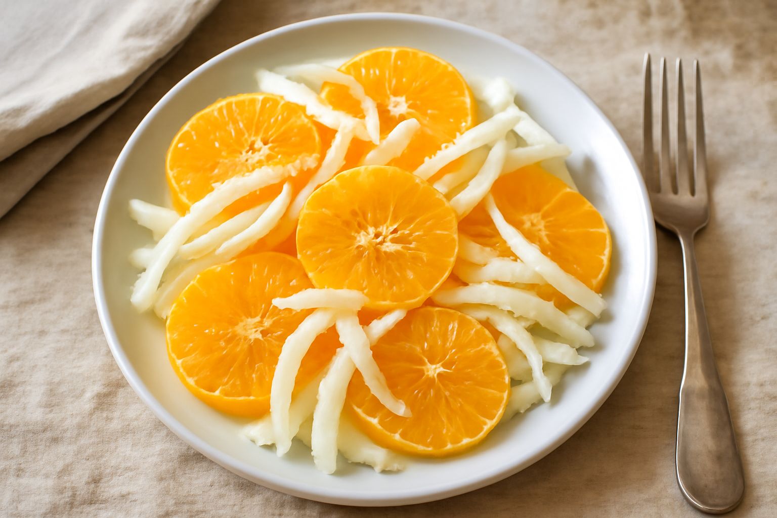 Insalata di fette di arancia e finocchio tagliato finemente in un piatto bianco, con olio d'oliva e sale grosso, colori arancio e bianco a contrasto