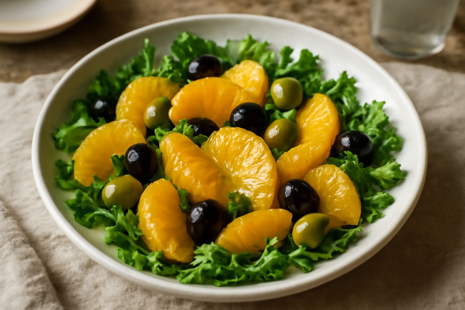 Insalata di arance e olive in ciotola di ceramica bianca: spicchi d'arancia lucidi, olive nere e verdi, foglie di rucola e lattuga verde scuro, condimento oleoso che brilla sotto la luce, piatto appen