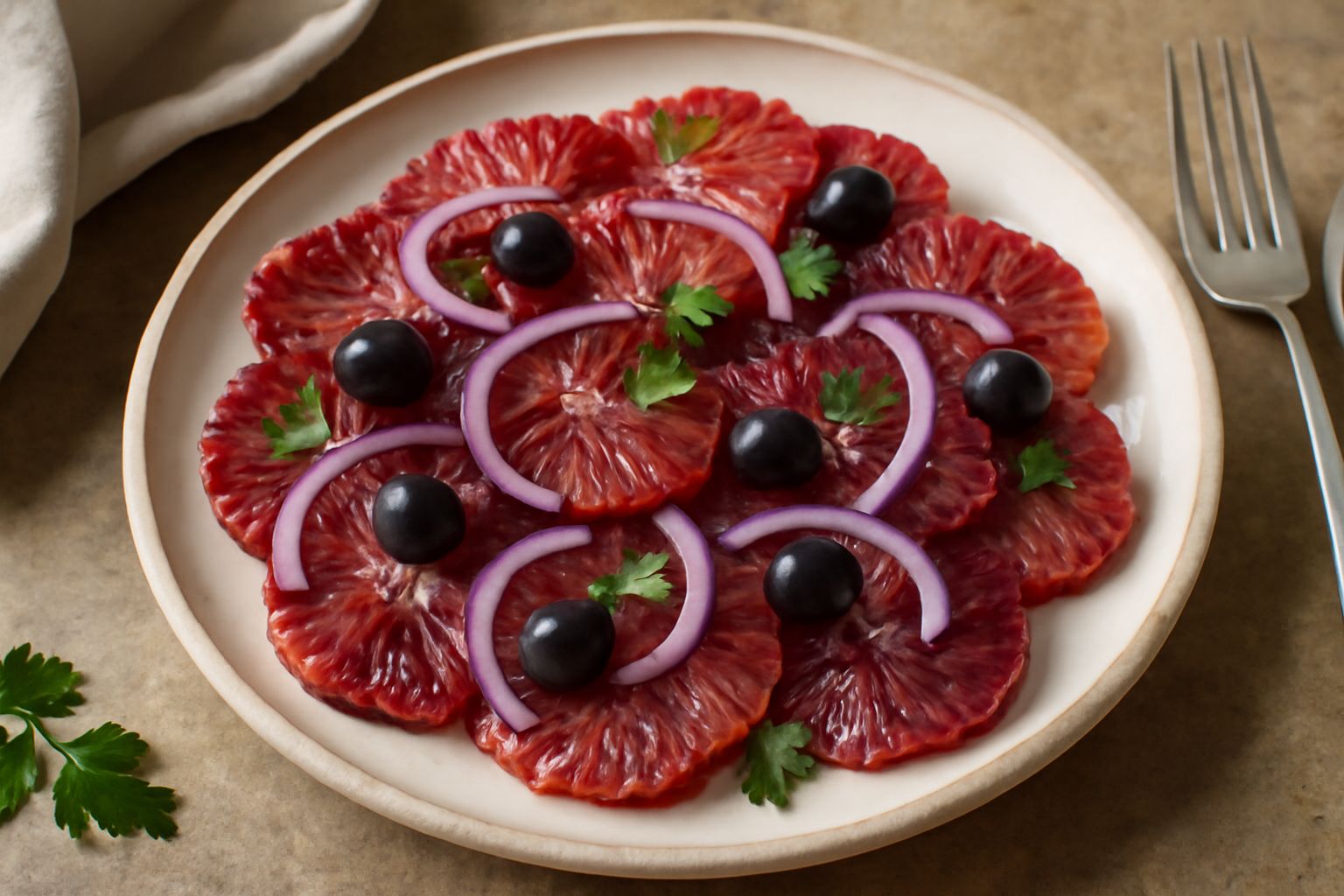 Insalata di arance sanguigne tagliate a fette sottili disposte nel piatto, colore rosso intenso con riflessi violacei, interposte a fettine sottili di cipolla rossa e olive nere, condite con olio extr
