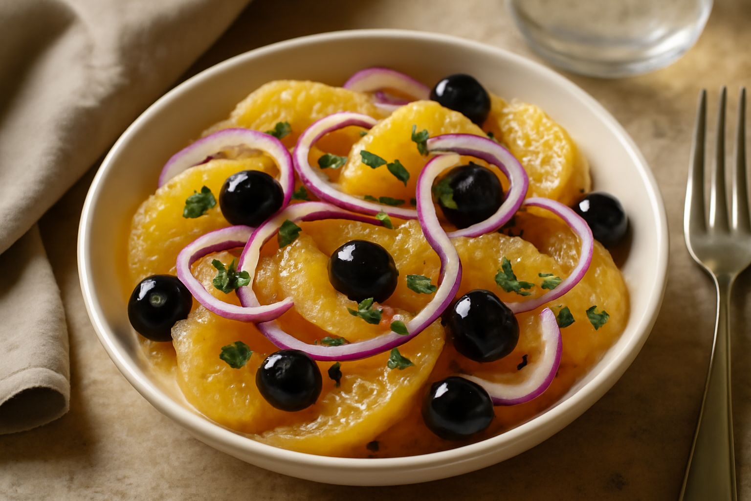 Insalata di aranci disposta su un piatto bianco con spicchi di arancia lucidi, cipolla rossa sottile in anelli trasparenti, olive nere e prezzemolo fresco tritato, condimento all'olio visibile sulla s