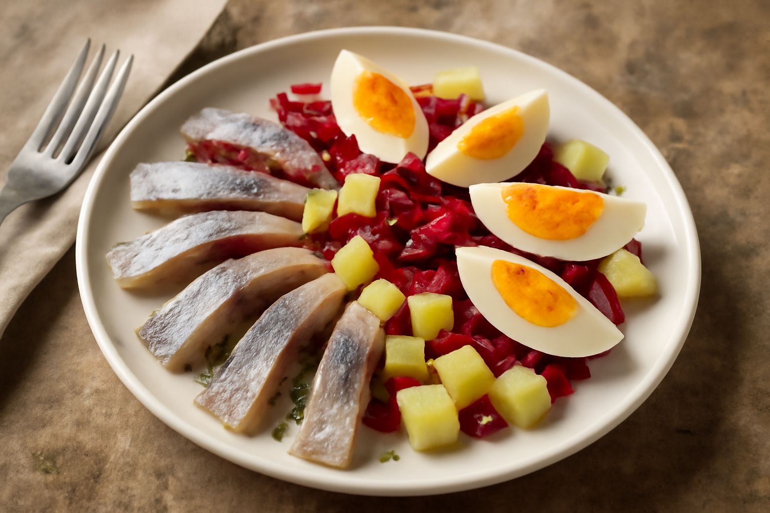 Insalata di aringhe in piatto bianco: filetti di aringhe affumicate, cubetti di patata gialla, strisce di barbabietola rossa scuro, uova sode tagliate a spicchi, cipolla rossa in julienne sottile, tut