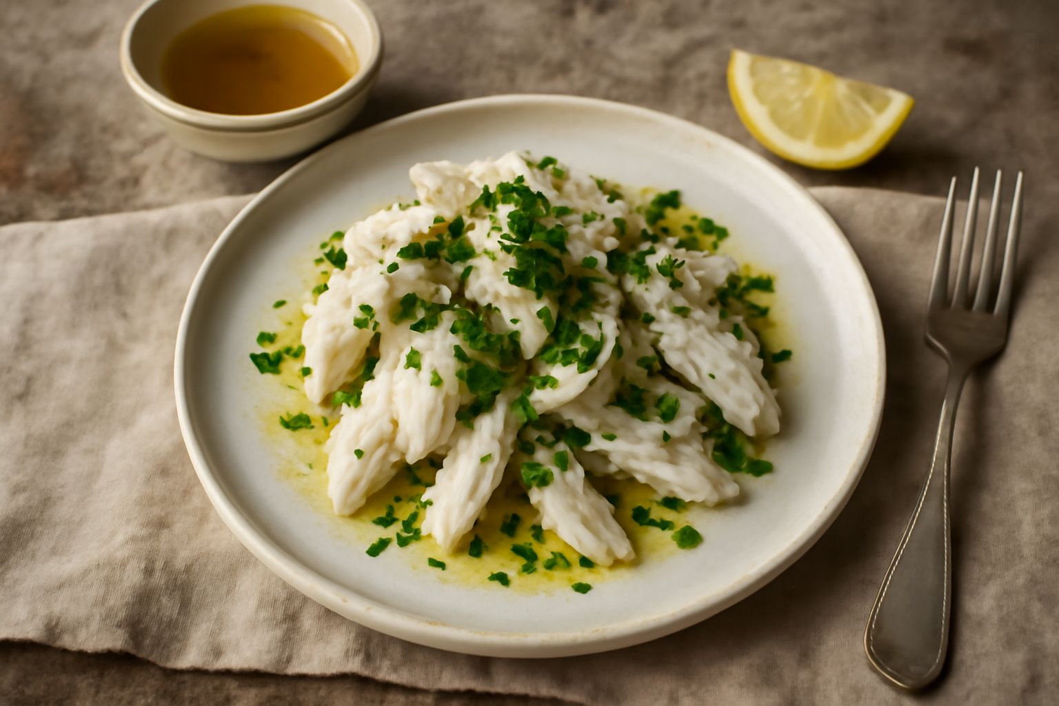 Insalata di arzilla servita in piatto bianco, con strisce di razza bianca e tenera, prezzemolo verde fresco, gocce di olio dorato e fette di limone giallo accanto