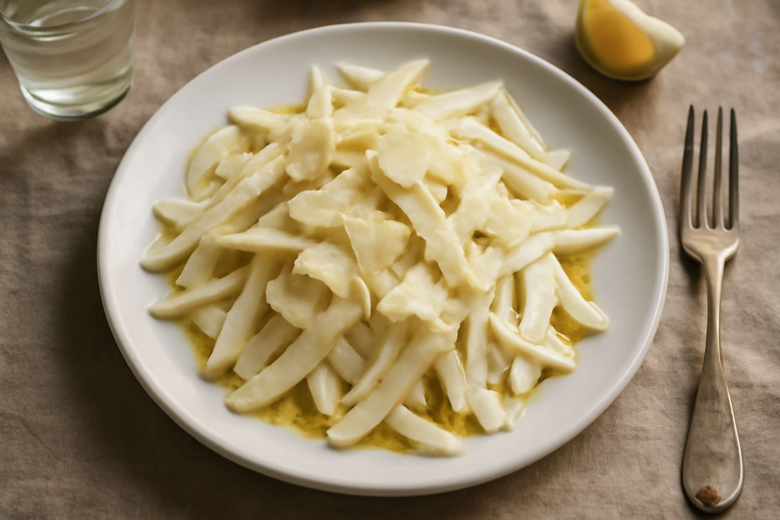 Piatto bianco con asparagi bianchi affettati sottili, disposti in file parallele, cosparsi di scaglie di parmigiano bianche e gocce di olio dorato, con mezzo limone giallo al lato