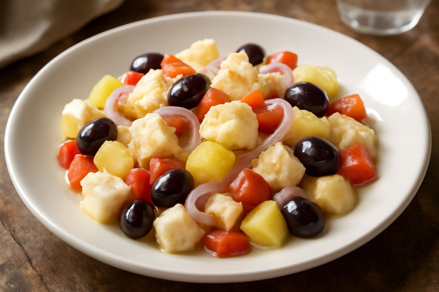 Insalata di bacalà servita in piatto bianco, con cubetti di bacalà bianco opaco, patate gialle, cipolle rosse tagliate sottili, olive nere, pomodori rossi, il tutto condito con olio verde scuro e prez