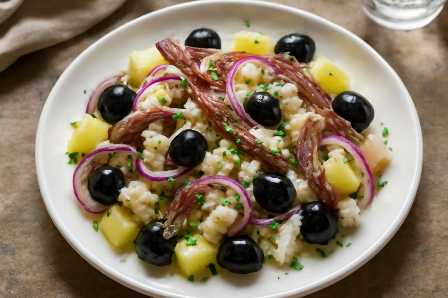 Insalata di baccalà alla ligure servita in piatto bianco: baccalà sbriciolato color bianco-avorio, patate tagliate a dadini giallastri, olive nere glossate, filetti di acciuga scuri, cipolla rossa in 
