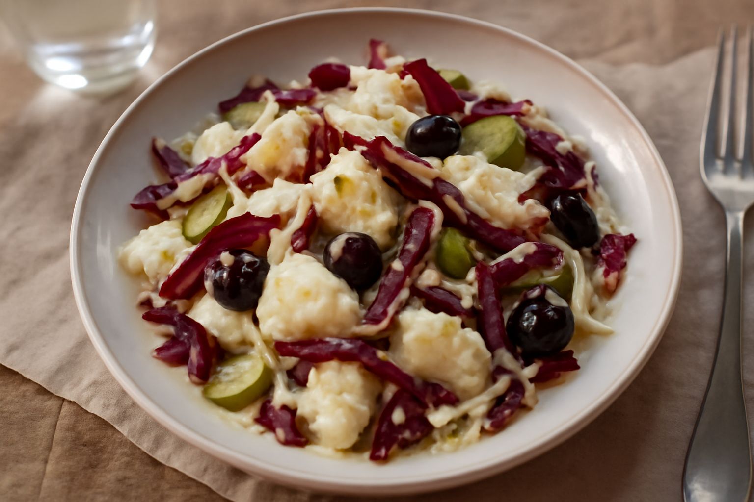 Insalata di baccalà in una ciotola bianca con filetti di baccalà color avorio, striscie di radicchio rosso scuro, cavolo bianco a julienne, cetriolini verdi e acciughe scure disposte sopra, condita co