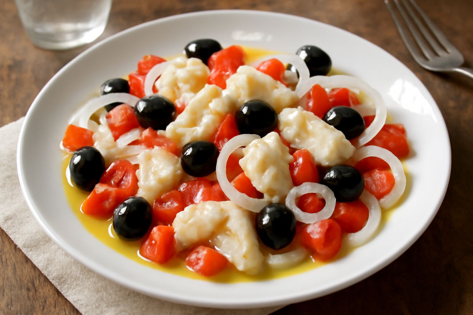 Insalata di baccalà freddo servita in un piatto bianco: filetti di baccalà bianco e morbido mescolati con pomodori rossi tagliati a pezzi, olive nere, cipolla bianca e prezzemolo verde, cosparso di ol