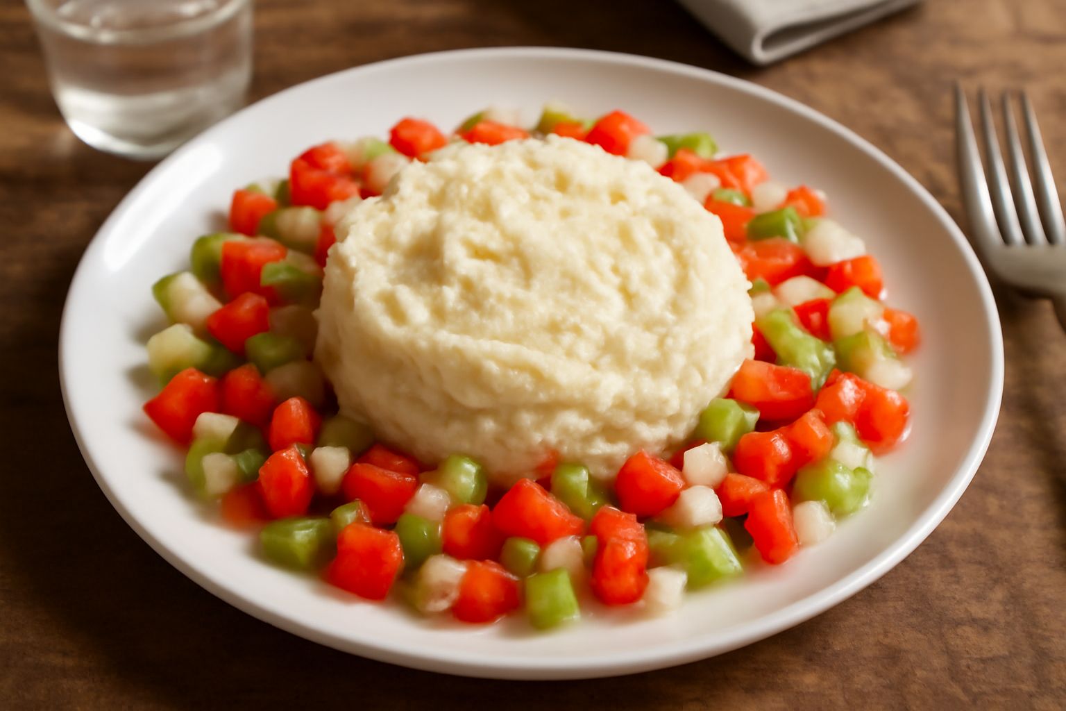 Piatto bianco con insalata di baccalà mantecato: baccalà bianco cremoso mescolato con sedano affettato, pomodorini rossi e cipolla pallida, condito con olio dorato, decorato con prezzemolo verde fresc