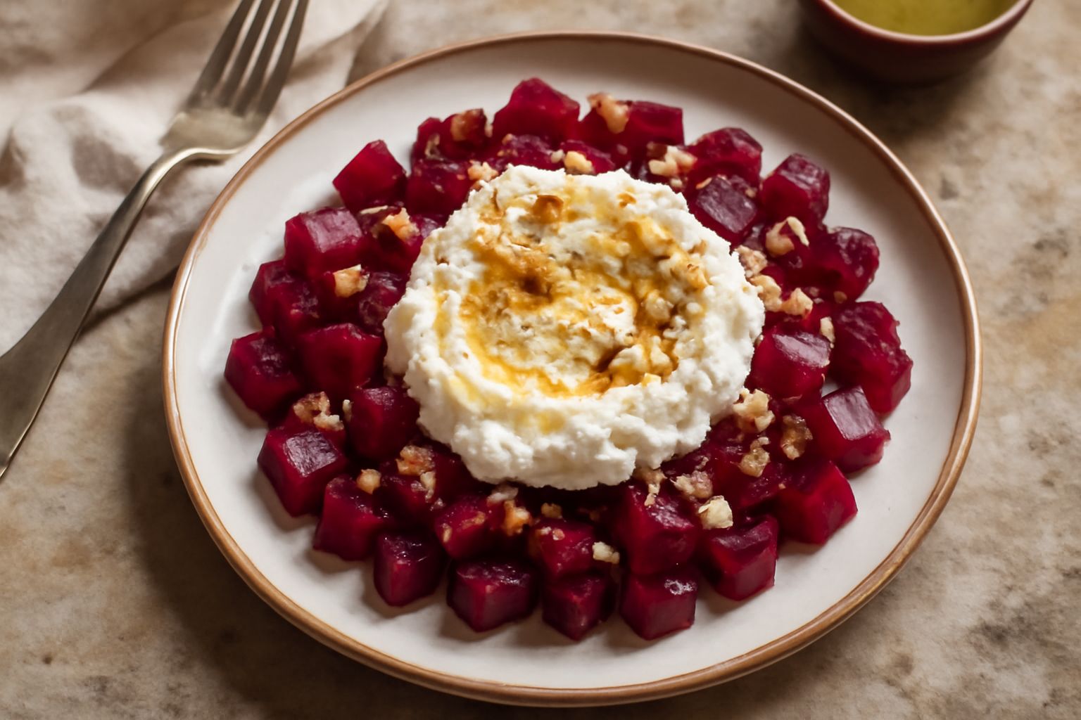 Insalata di barbabietola con ricotta servita in piatto bianco: dadini di barbabietola rosso scuro, ricotta bianca cremosa al centro, noci tritate sparse, rucola fresca ai bordi, filo di olio extraverg