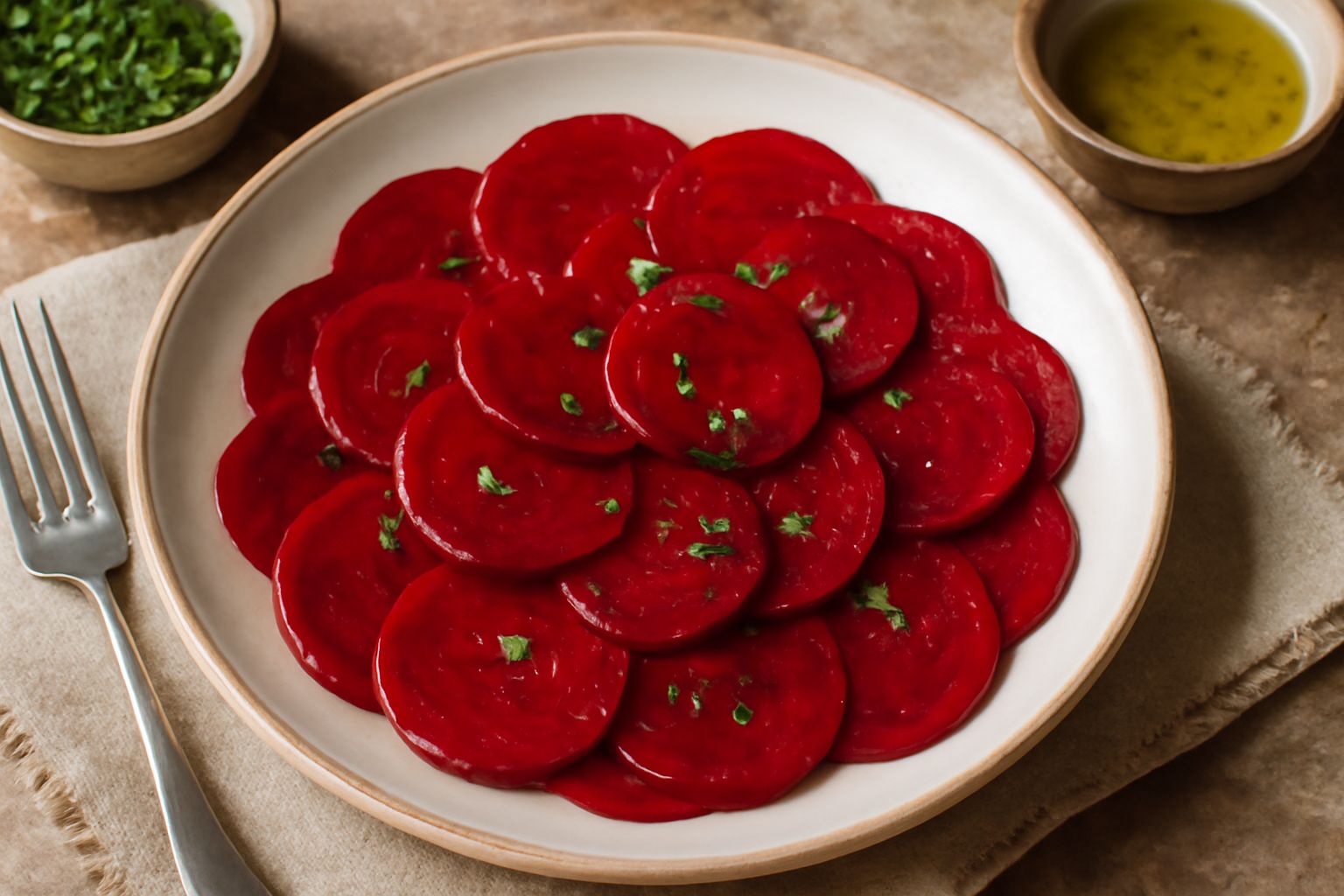 Insalata di barbabietola cruda rossa in ciotola bianca, con fette sottili e uniformi, condita con olio brillante, fette di limone giallo attorno, foglie di prezzemolo fresco verde