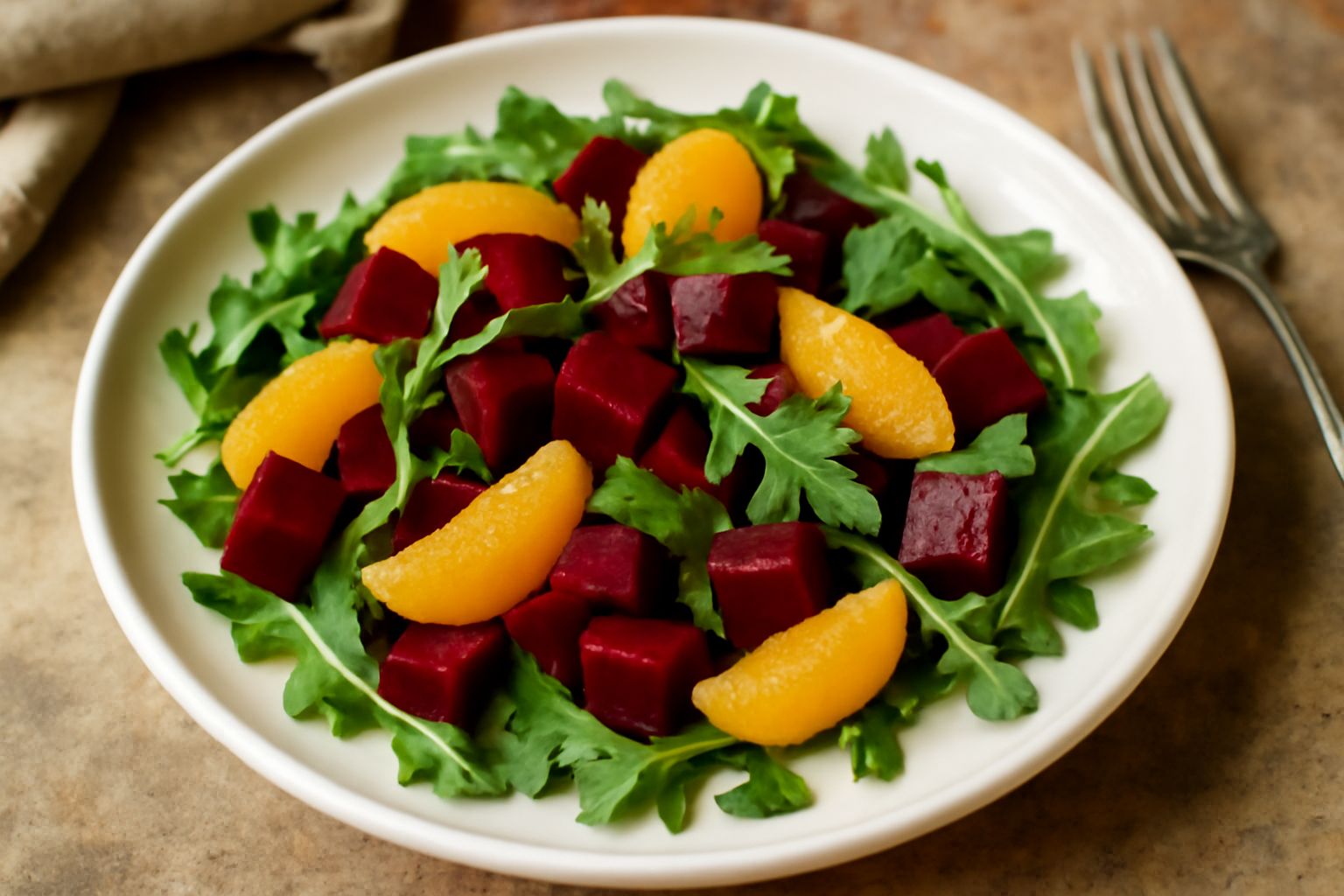 Insalata di barbabietola rossa tagliata a cubetti e spicchi di arancia freschi disposti su un piatto bianco, guarnita con noci tostate e qualche fogliolina di rucola verde, con un filo di olio extrave