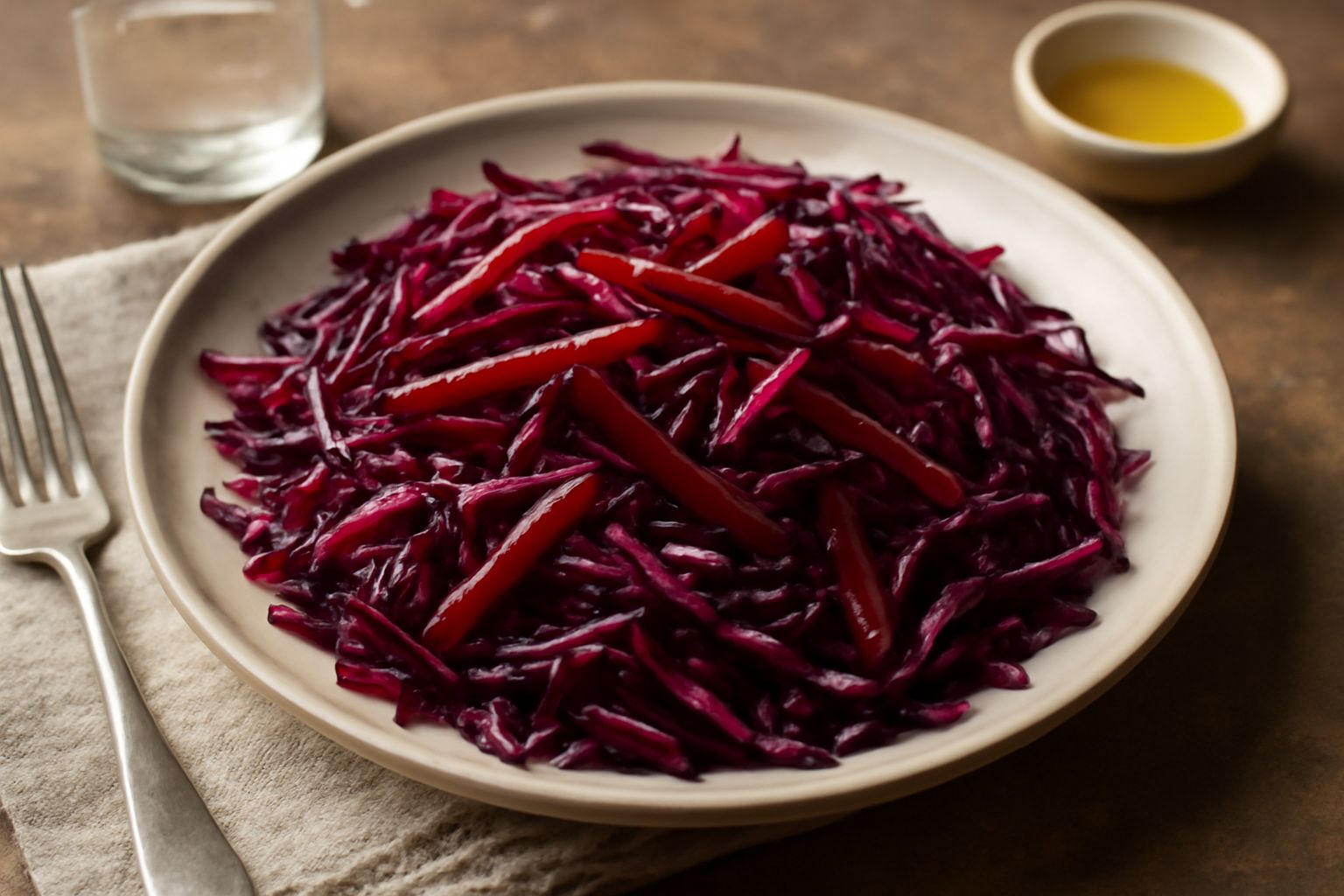 Insalata di barbabietola rossa tagliata a bastoncini e cavolo rosso affettato finemente in una ciotola bianca, condita con olio d'oliva e gocce di limone fresco, su fondo rustico in legno chiaro