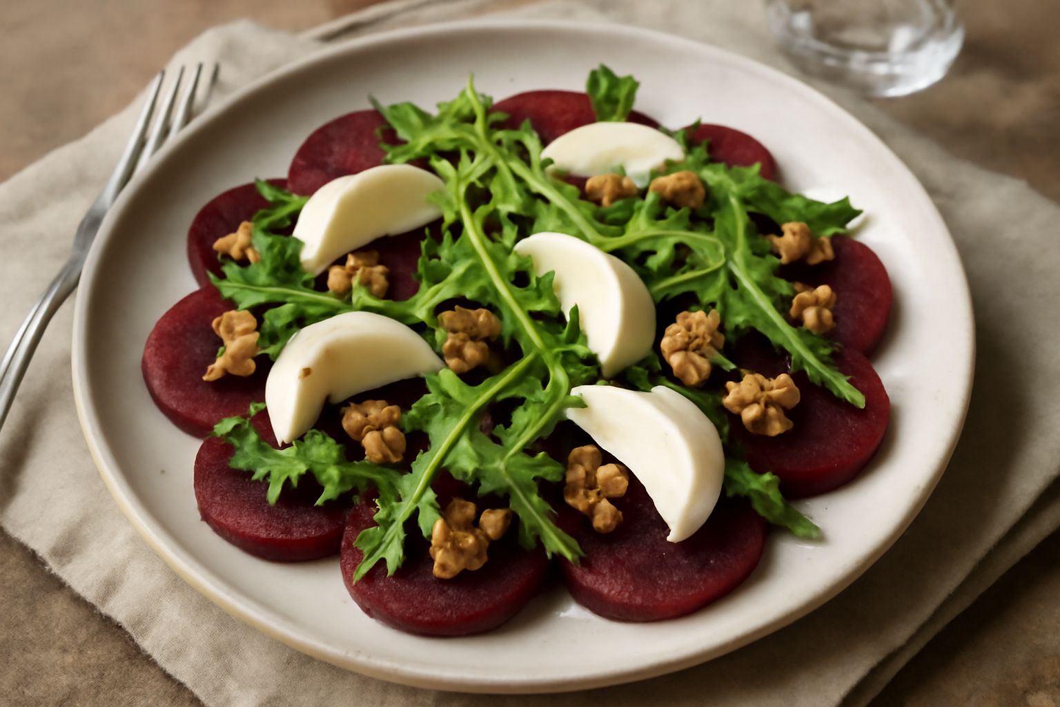 Insalata in ciotola bianca con dischi di barbabietola rossa brillante, noci intere e spezzettate sparse, formaggio bianco affettato, foglie di rucola scura e dressing color ambra