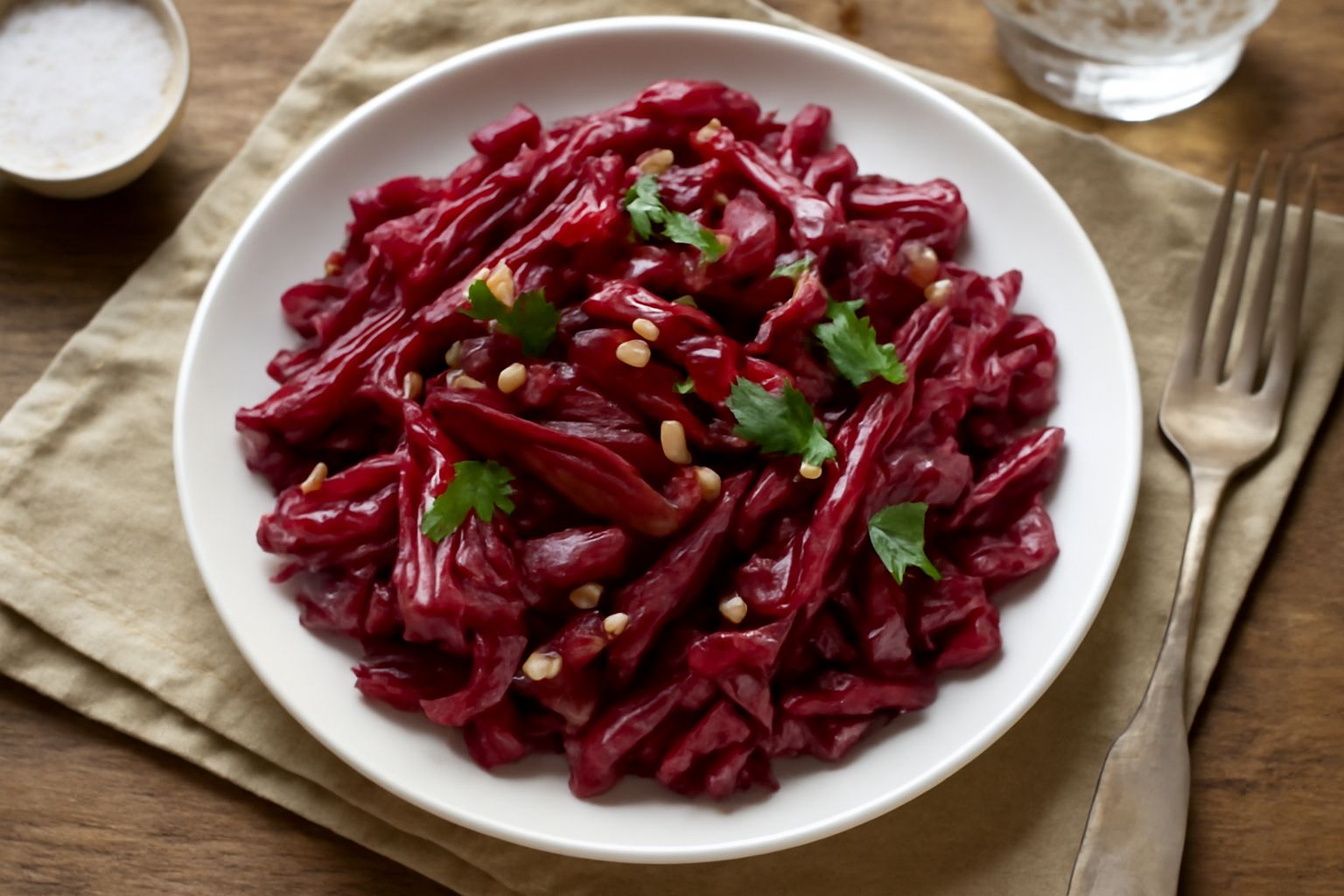 Insalata di barbabietola rossa a fette sottili e radicchio rosso intenso tagliato a striscie, disposti su piatto bianco con vinaigrette lucida, germogli verdi e semi di girasole sparsi