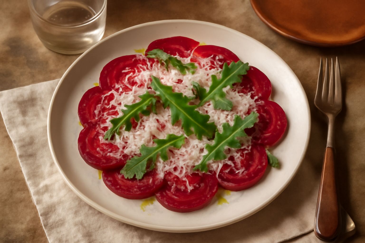 Insalata colorata in piatto bianco: strisce fini di barbabietola rossa brillante alternate a sfoglie bianche di rafano grattugiato, condite con olio, accompagnate da foglie verdi di rucola