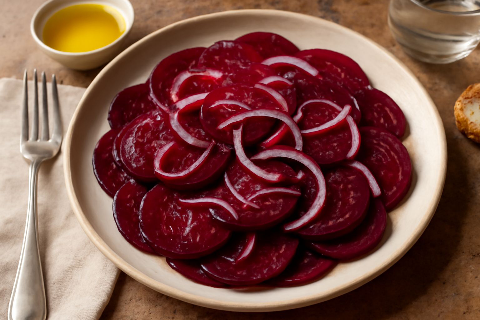 Insalata di barbabietola affettata sottile disposta su un piatto bianco, rosso scuro acceso, condita con olio e cipolla sottile, guarnita con foglie di prezzemolo fresco