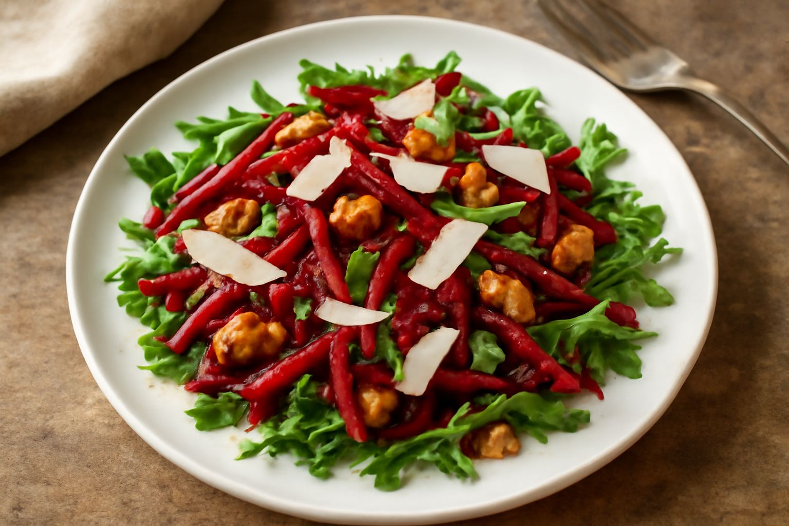 Insalata di barbabietola rossa tagliata a listarelle, disposta su un piatto bianco con rucola fresca, noci spezzettate, scaglie di parmigiano e vinaigrette dorata; background neutro con ingredienti sp