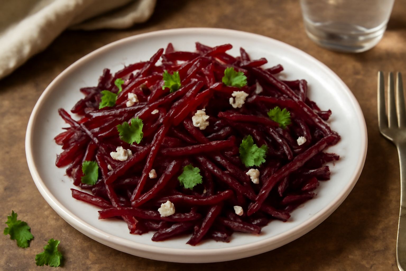 Insalata di barbabietole tagliate a julienne in un piatto bianco, barbabietole rosse brillanti alternate a pezzi croccanti di noci, condite con olio lucente, decorata con una foglia di prezzemolo fres