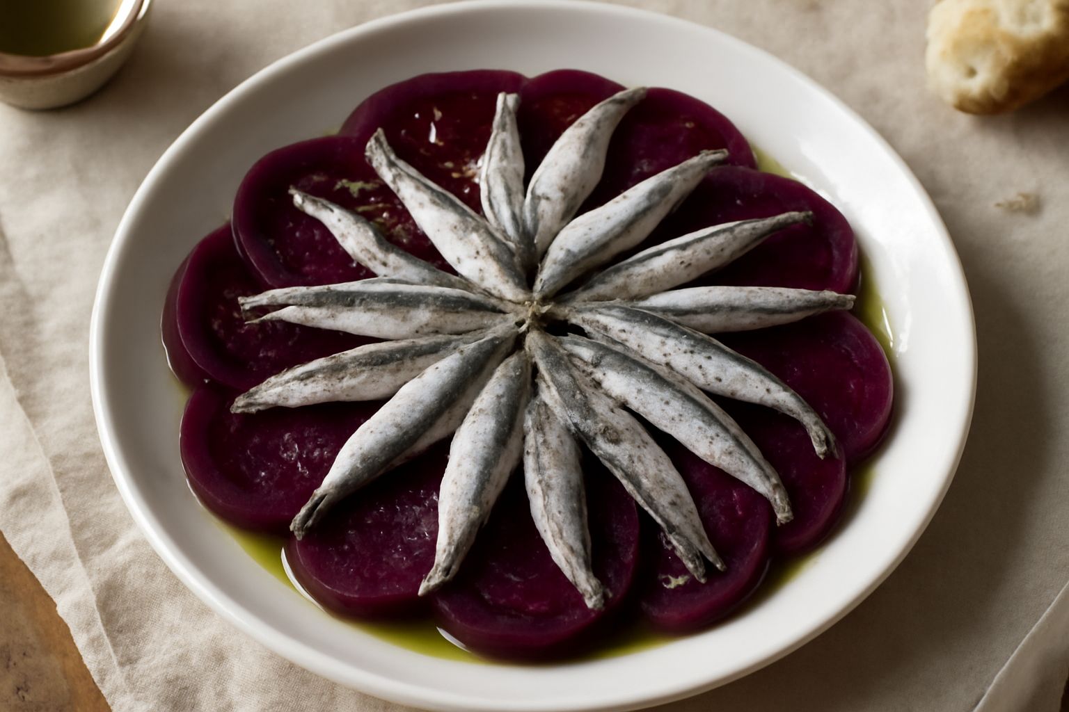 Insalata in ciotola bianca con fette di barbabietola rossa scura, acciughe grigio-argento disposte a raggiera, gocce di olio d'oliva, foglie di prezzemolo verde fresco su fondo neutro