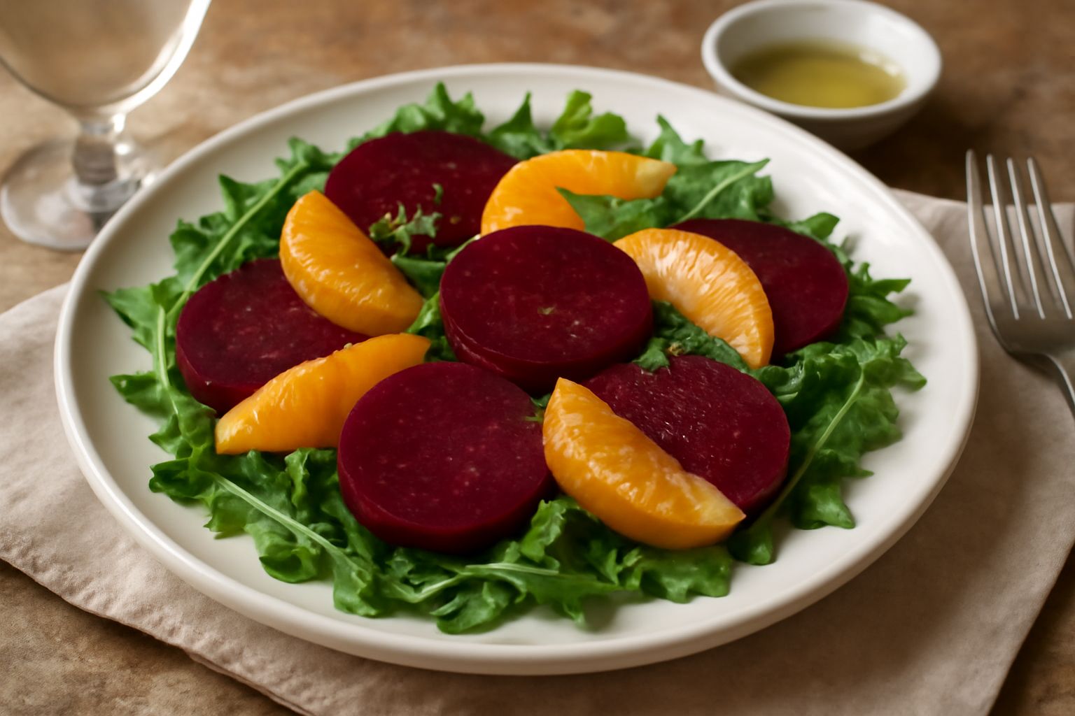 Insalata in piatto bianco con fettine sottili di barbabietola rossa alternati a spicchi di arancia fresca, foglie di rucola verde accanto, condita con olio dorato, visto dall'alto