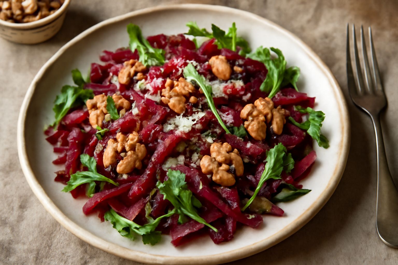 Insalata in un piatto bianco: fette di barbabietola rosso scuro, noci tostate color nocciola, foglie di rucola, ricotta salata grattugiata. Condimento luminoso, contorno di olio verdastro visibile sul