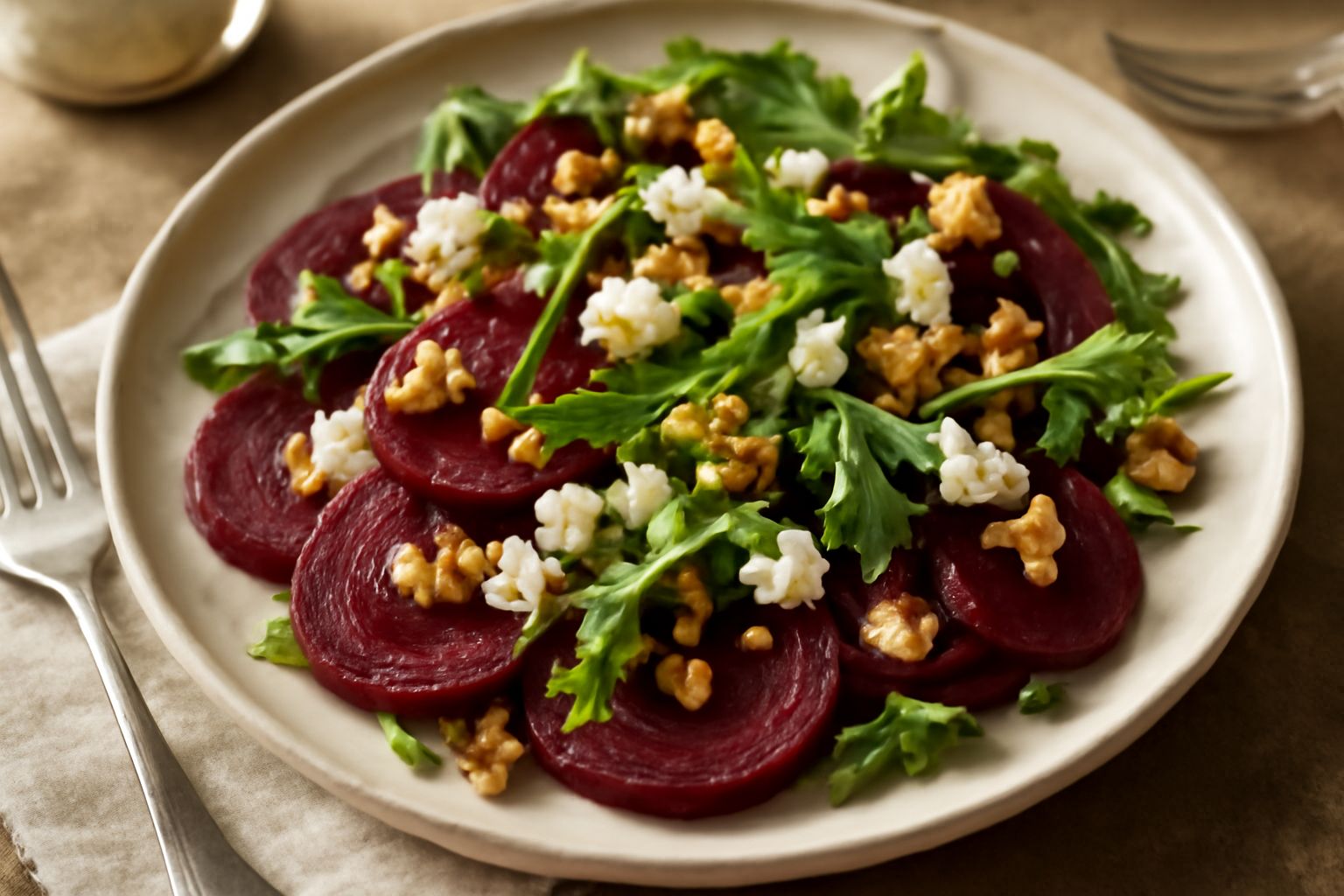 Insalata di barbabietole rosse tagliate a fette sottili in un piatto bianco, alternate a foglie di rucola verde scuro, nocciole tostate e scaglie di feta bianca, condite con olio dorato.
