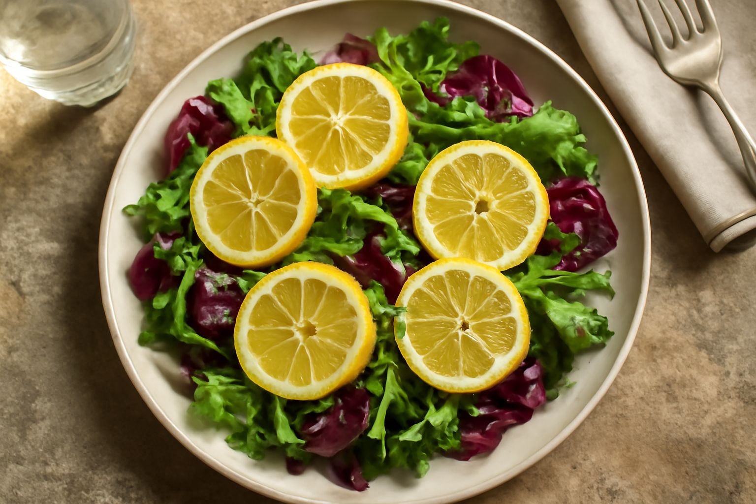 Insalata composta da lattuga verde, radicchio rosso, rucola e fette di bergamotto giallo limone in un piatto bianco, condita con olio dorato e accompagnata da semi di melograno e mandorle tostate
