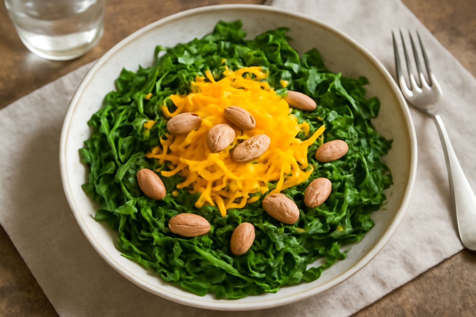 Insalata di bietola fresca in una ciotola bianca: foglie verde scuro tagliate sottili, carote gialle grattugiate, mandorle tritate bianche, condimento trasparente che brilla sulle verdure, piatto su t
