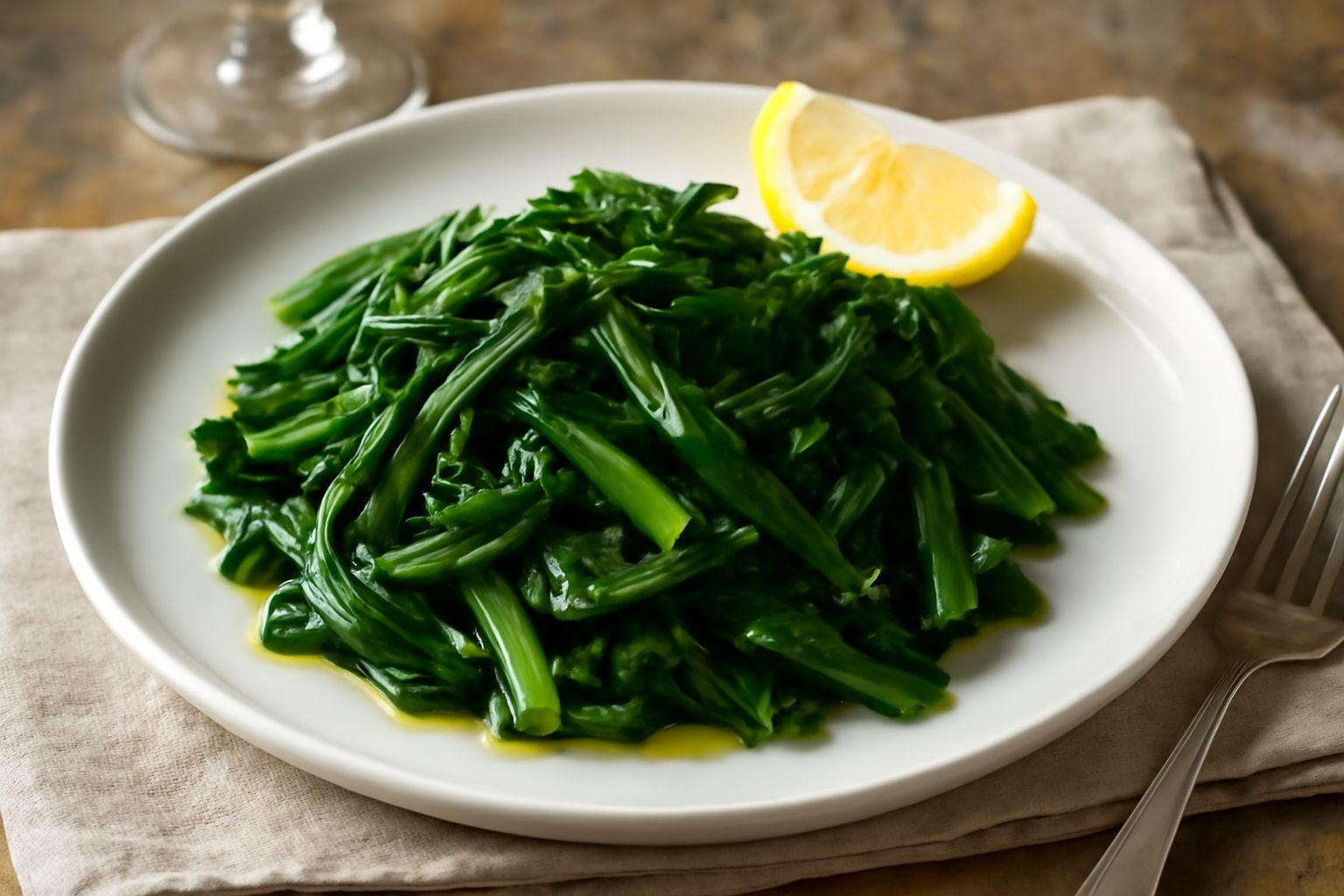 Insalata di bietole verdi tagliate sottili in una ciotola bianca, condite con olio d'oliva, fette di limone giallo intorno, sale grosso sparso, sfondo di legno naturale con luce naturale