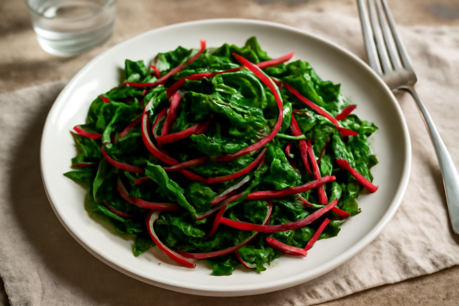 Insalata di bietole crude in una ciotola bianca: foglie rosse e verdi tagliate sottili, condite con olio d'oliva dorato, semi di sesamo e limone fresco, con un bicchiere d'acqua accanto