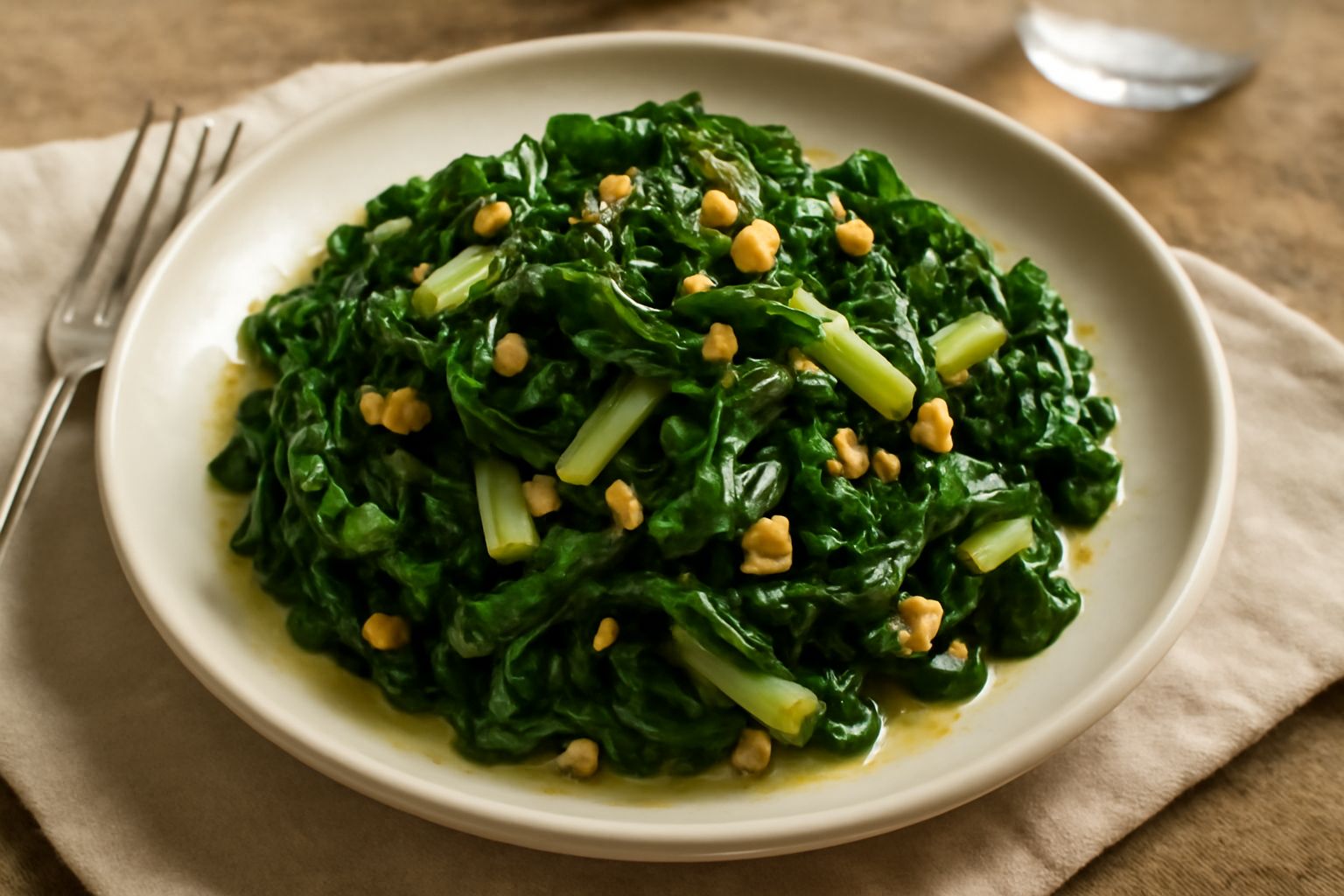 Insalata di bietole lessate in un piatto bianco: striscioline di verdura verde scuro e steli chiari, condite con olio dorato, aglio e limone, con granelli di sale grosso sparsi