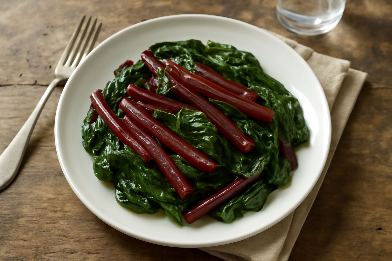 Insalata di bietole lesse in piatto bianco: strisce di bietole rosso scuro, lucide di olio, garnish di aglio affettato e peperoncino, condimento giallo dorato visibile in superficie