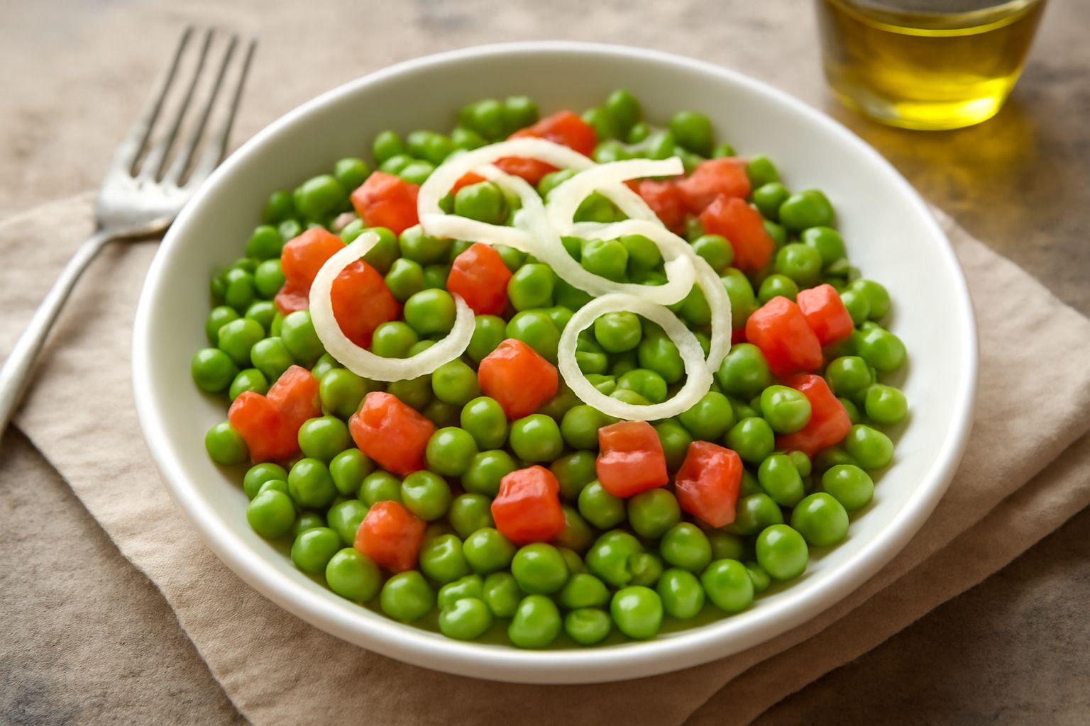 Insalata di bisi servita in una ciotola bianca: piselli verdi brillanti, spicchi di pomodoro rosso, fette di cipolla bianca trasparente, con foglie di prezzemolo fresco e un filo di olio giallo dorato
