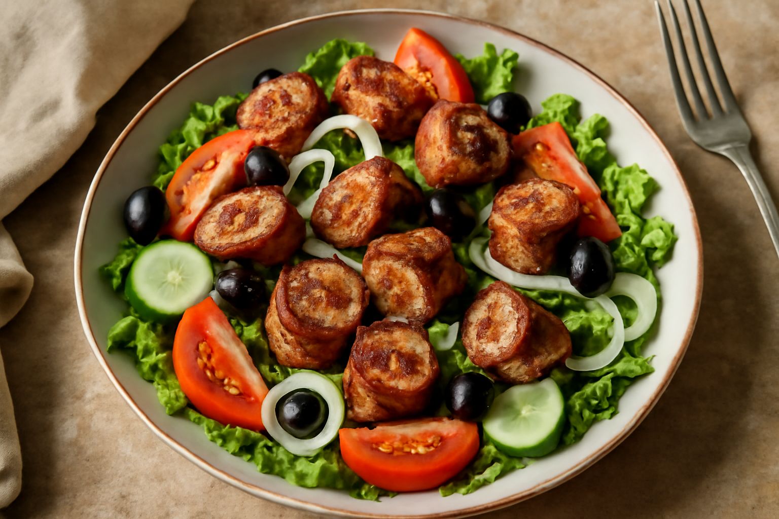 Insalata in ciotola bianca con bombette a pezzetti, lattuga verde, pomodori rossi, cetriolo, olive nere e cipolla bianca, condita con olio, su tavolo di legno