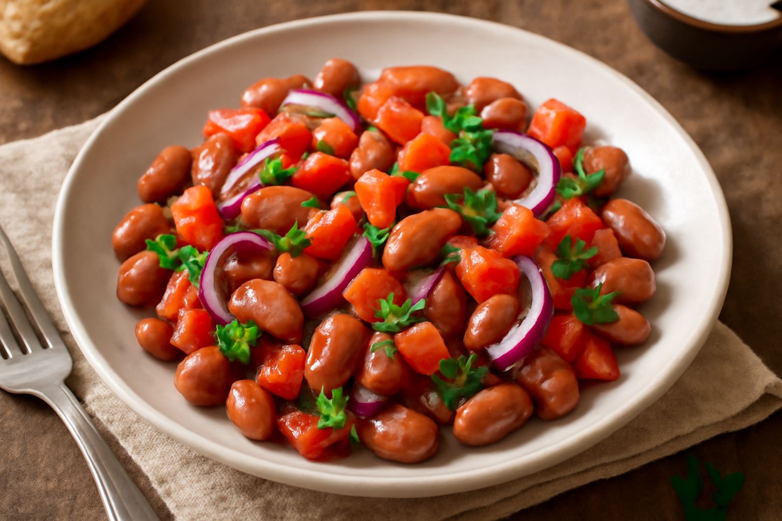 Insalata di borlotti in una ciotola bianca: legumi rossi e bianchi, pomodori rossi a dadini, cipolla rossa tagliata fine, erba cipollina verde, olio lucido, su sfondo grigio neutro